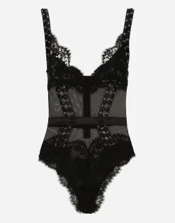 Lace and tulle bodysuit with lacing and eyelets