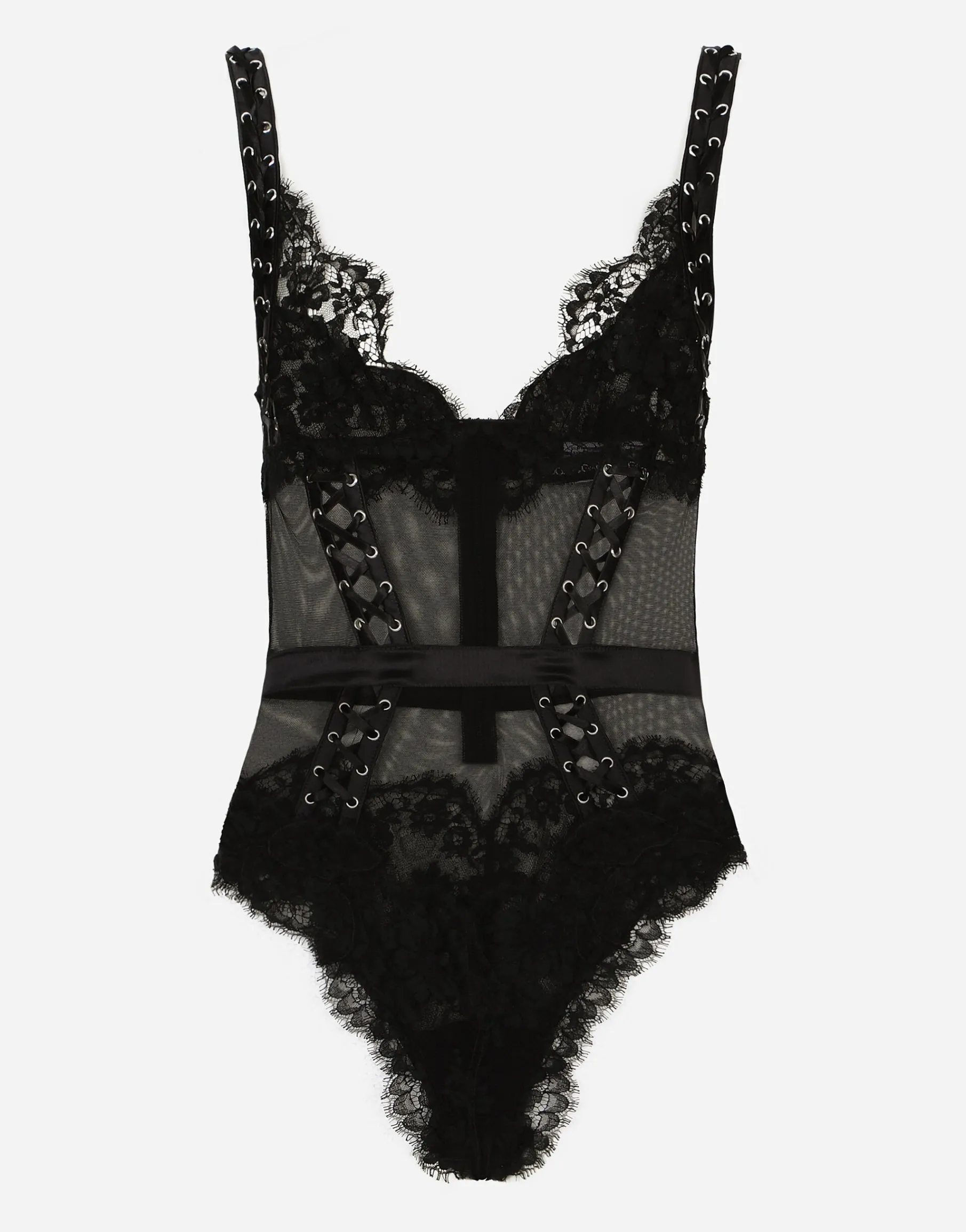 Lace and tulle bodysuit with lacing and eyelets
