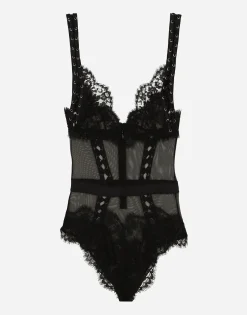 Lace and tulle bodysuit with lacing and eyelets