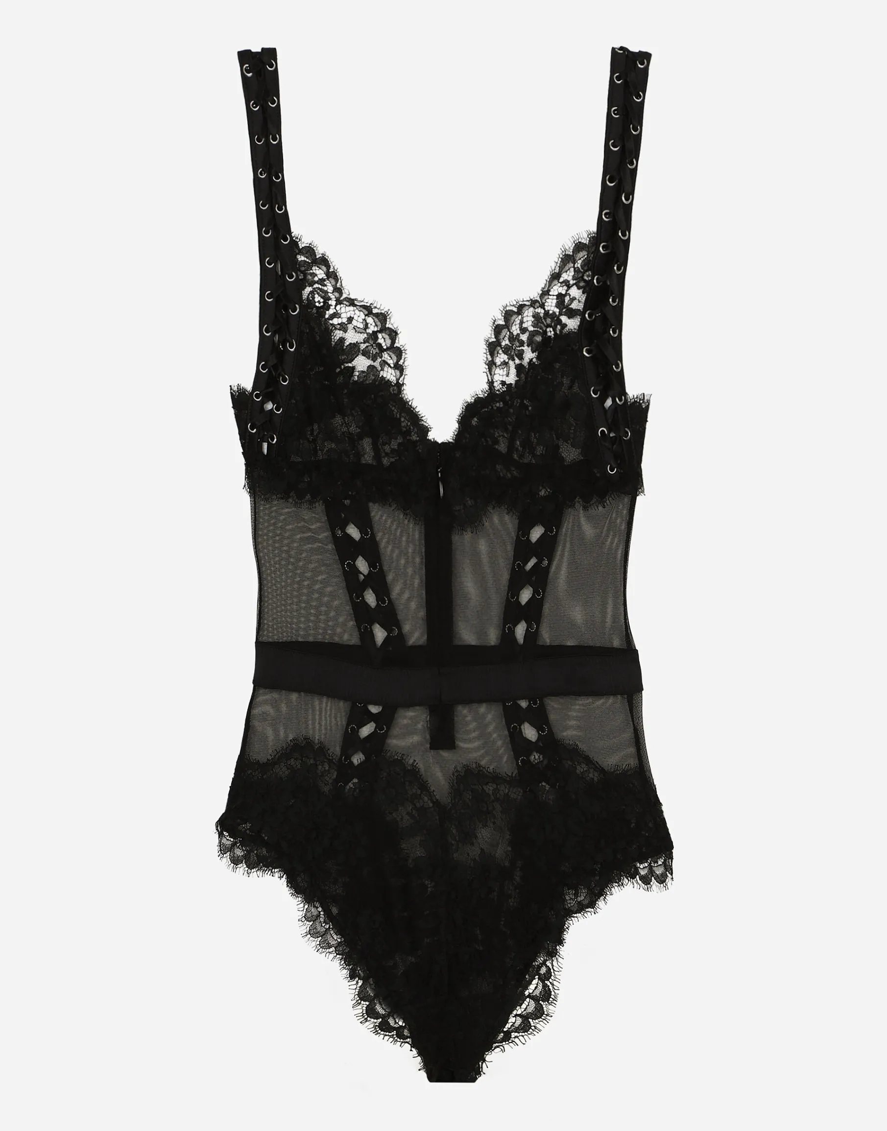 Lace and tulle bodysuit with lacing and eyelets
