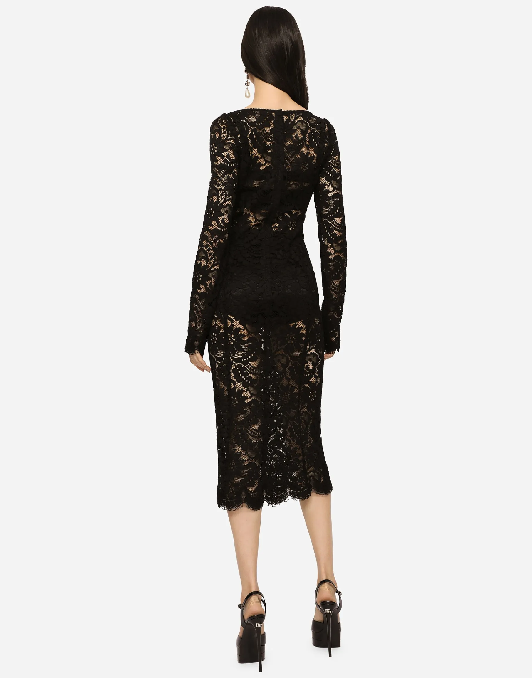 Lace calf-length dress with scalloped detailing