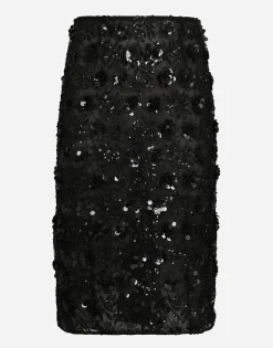 Lace calf-length skirt with all-over sequins