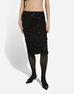 Lace calf-length skirt with all-over sequins