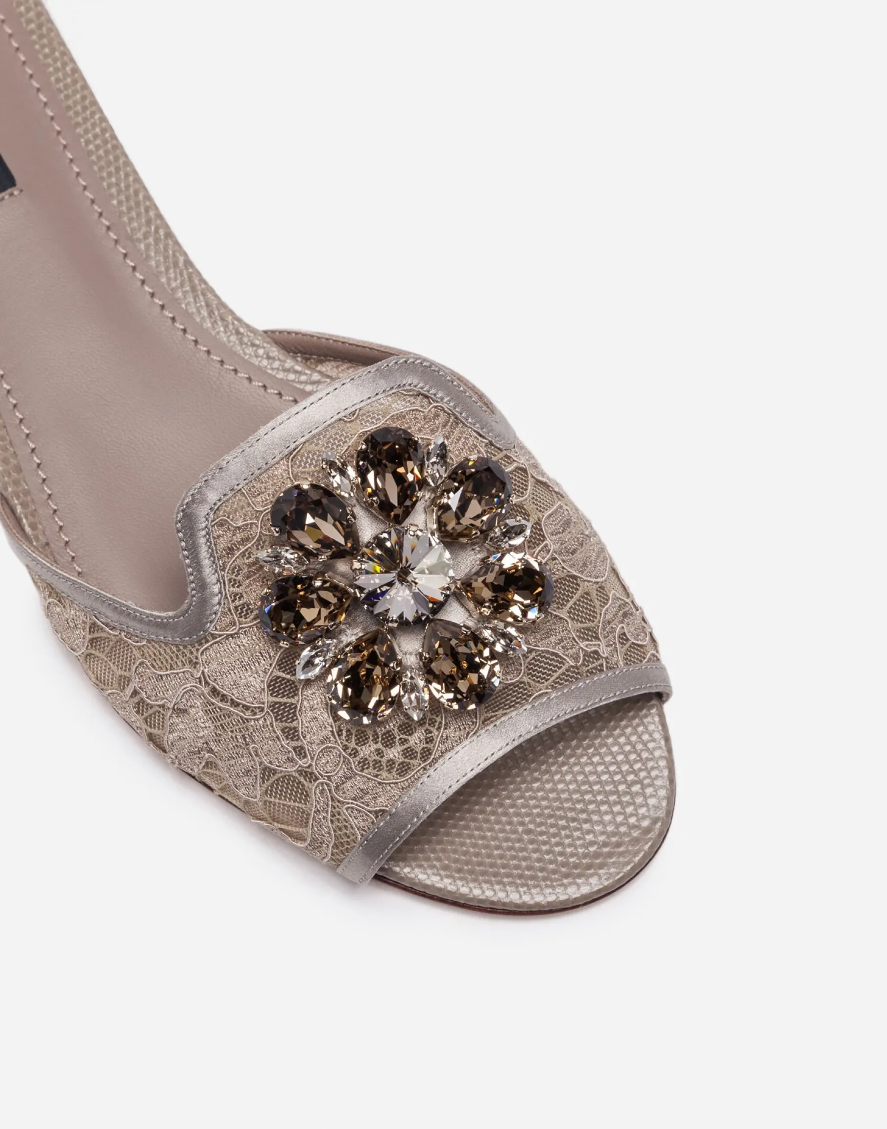 Lace rainbow slides with brooch detailing