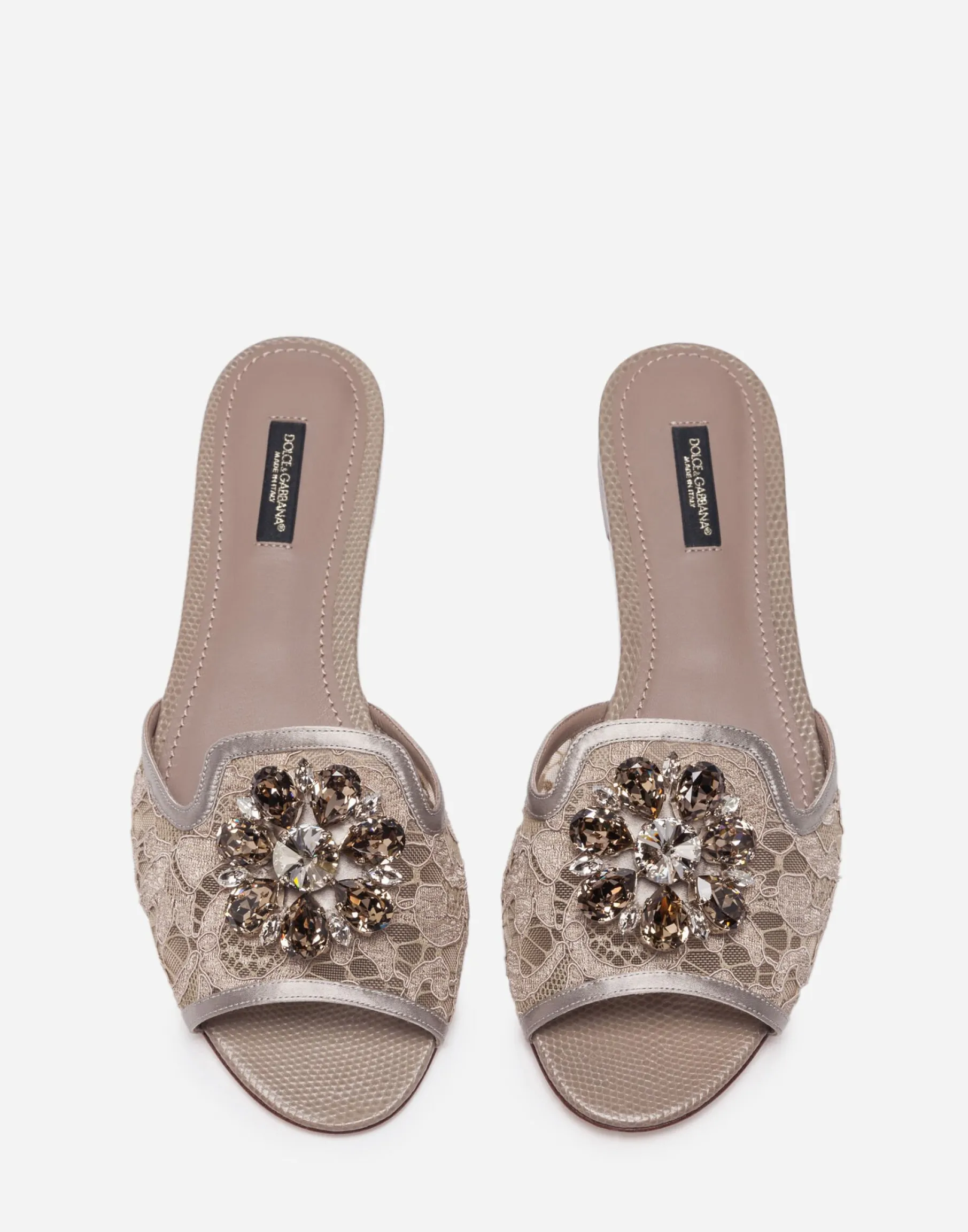 Lace rainbow slides with brooch detailing