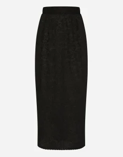 Lace-stitch calf-length skirt