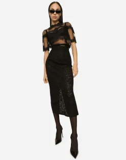 Lace-stitch calf-length skirt