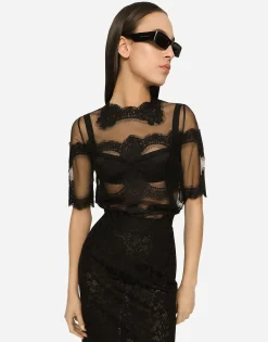 Lace-stitch calf-length skirt