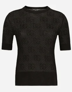 Lace-stitch viscose sweater with jacquard DG logo