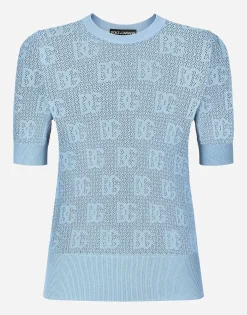 Lace-stitch viscose sweater with jacquard DG logo