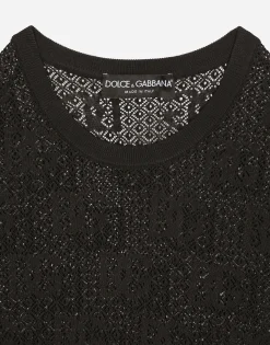 Lace-stitch viscose sweater with jacquard DG logo