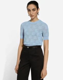 Lace-stitch viscose sweater with jacquard DG logo