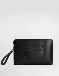 Large calfskin pouch with raised logo