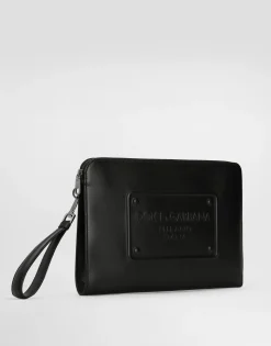 Large calfskin pouch with raised logo