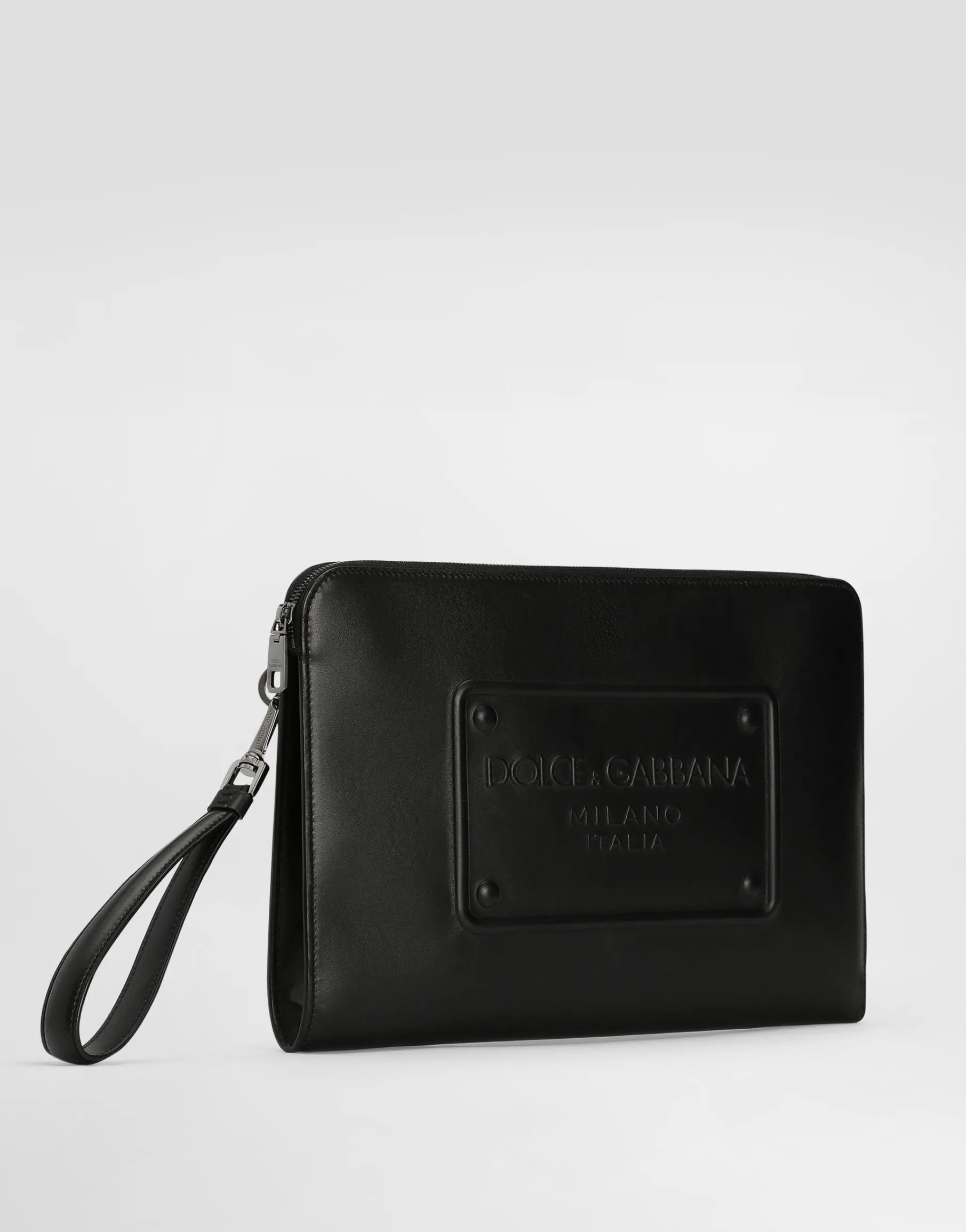 Large calfskin pouch with raised logo
