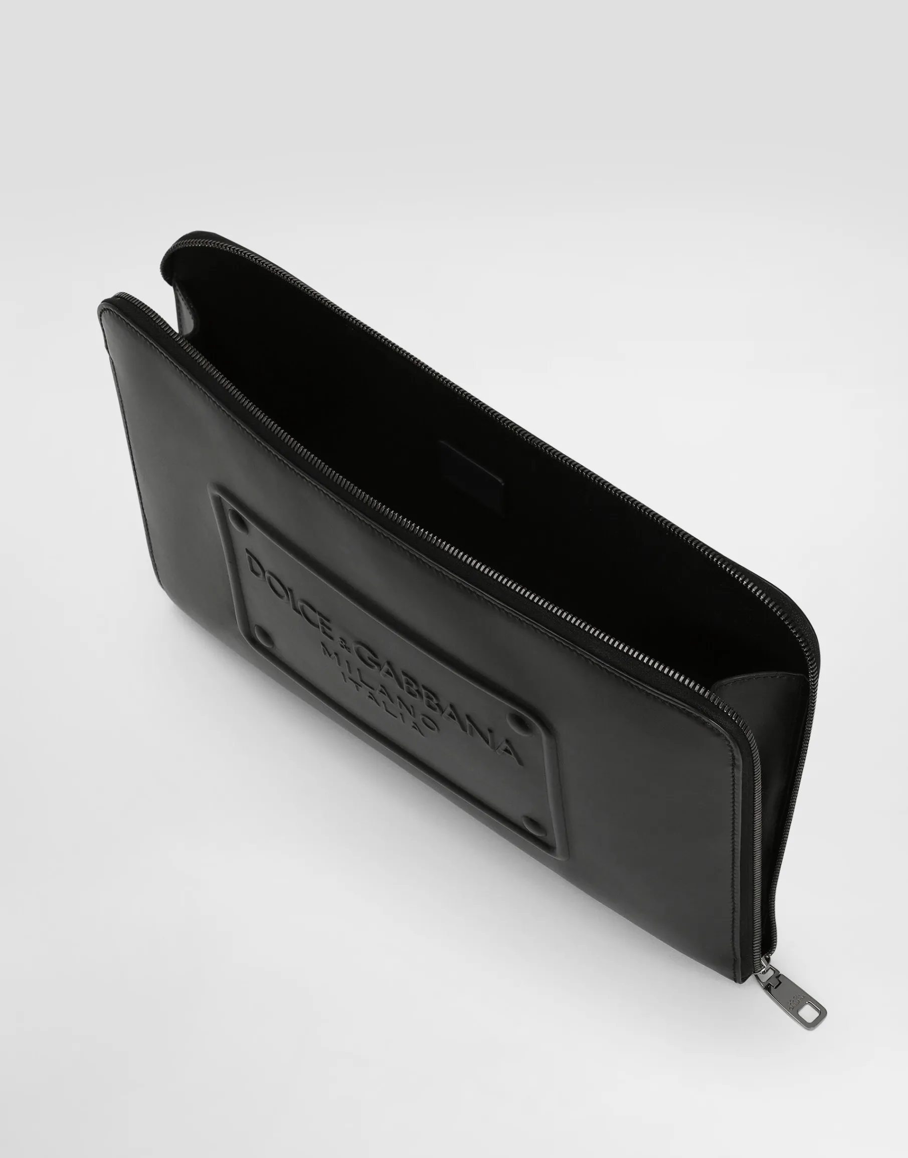 Large calfskin pouch with raised logo