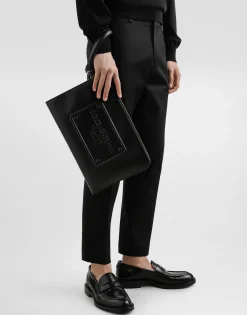 Large calfskin pouch with raised logo