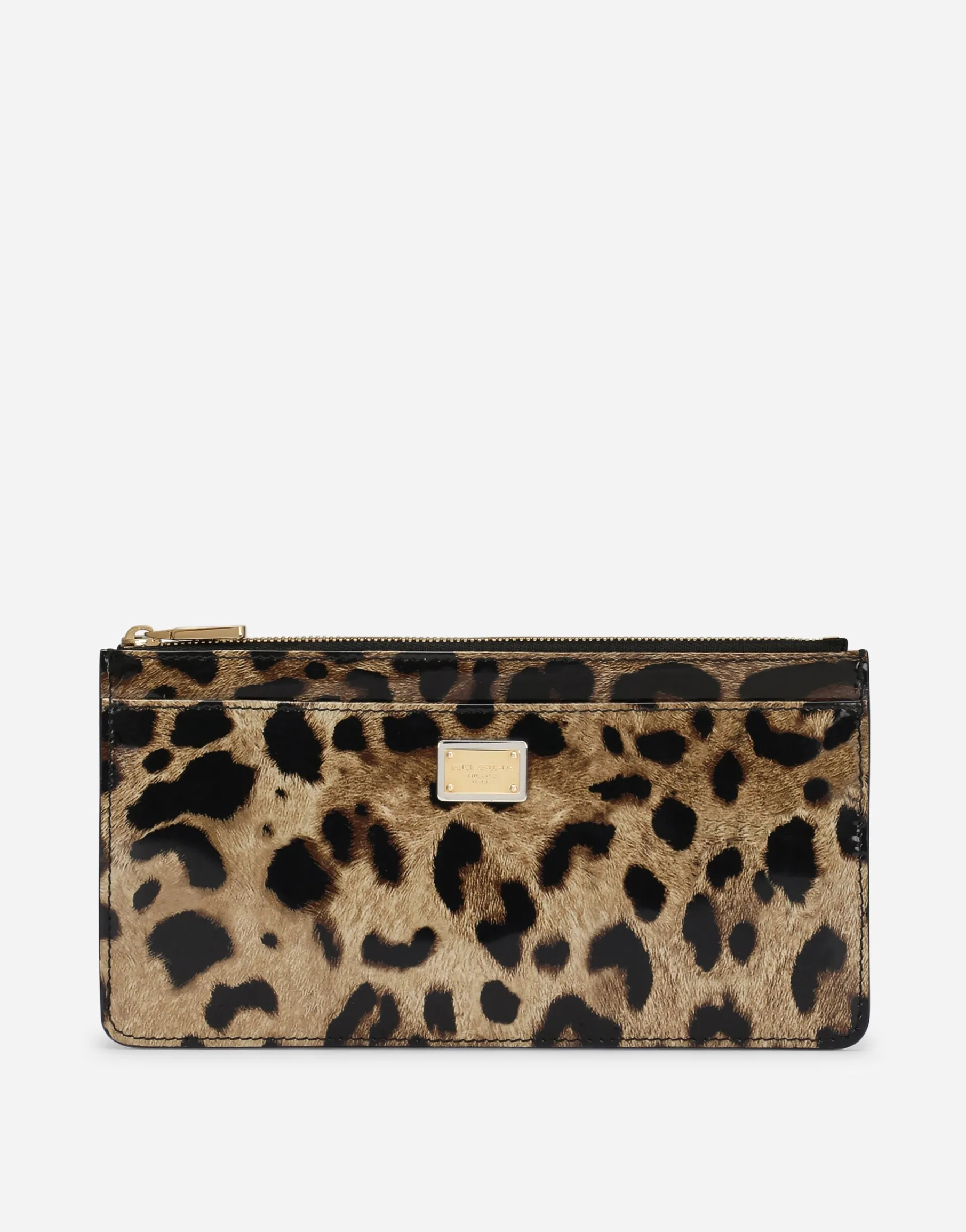 Large polished calfskin card holder with zipper and leopard print
