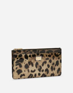 Large polished calfskin card holder with zipper and leopard print