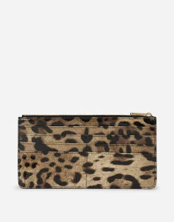 Large polished calfskin card holder with zipper and leopard print