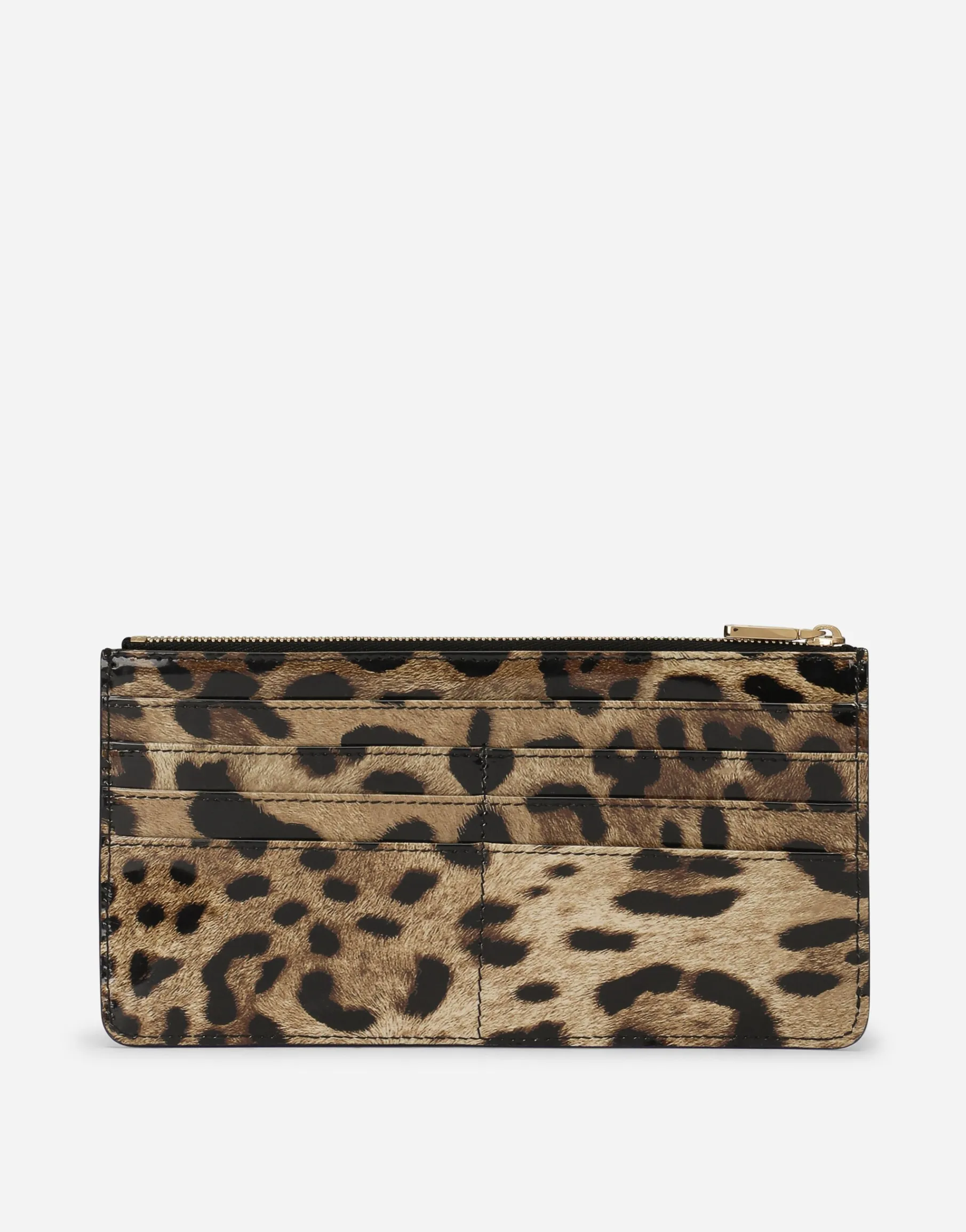 Large polished calfskin card holder with zipper and leopard print