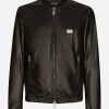 Leather jacket with branded tag