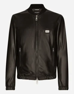 Leather jacket with branded tag