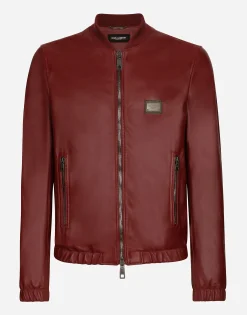 Leather jacket with branded tag