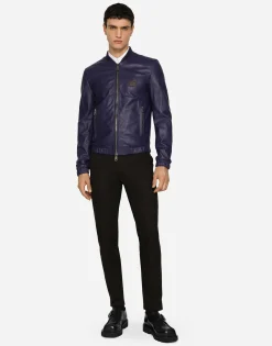 Leather jacket with branded tag