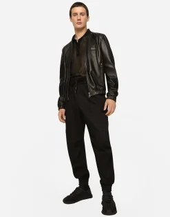 Leather jacket with branded tag