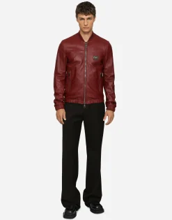 Leather jacket with branded tag