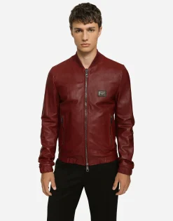 Leather jacket with branded tag