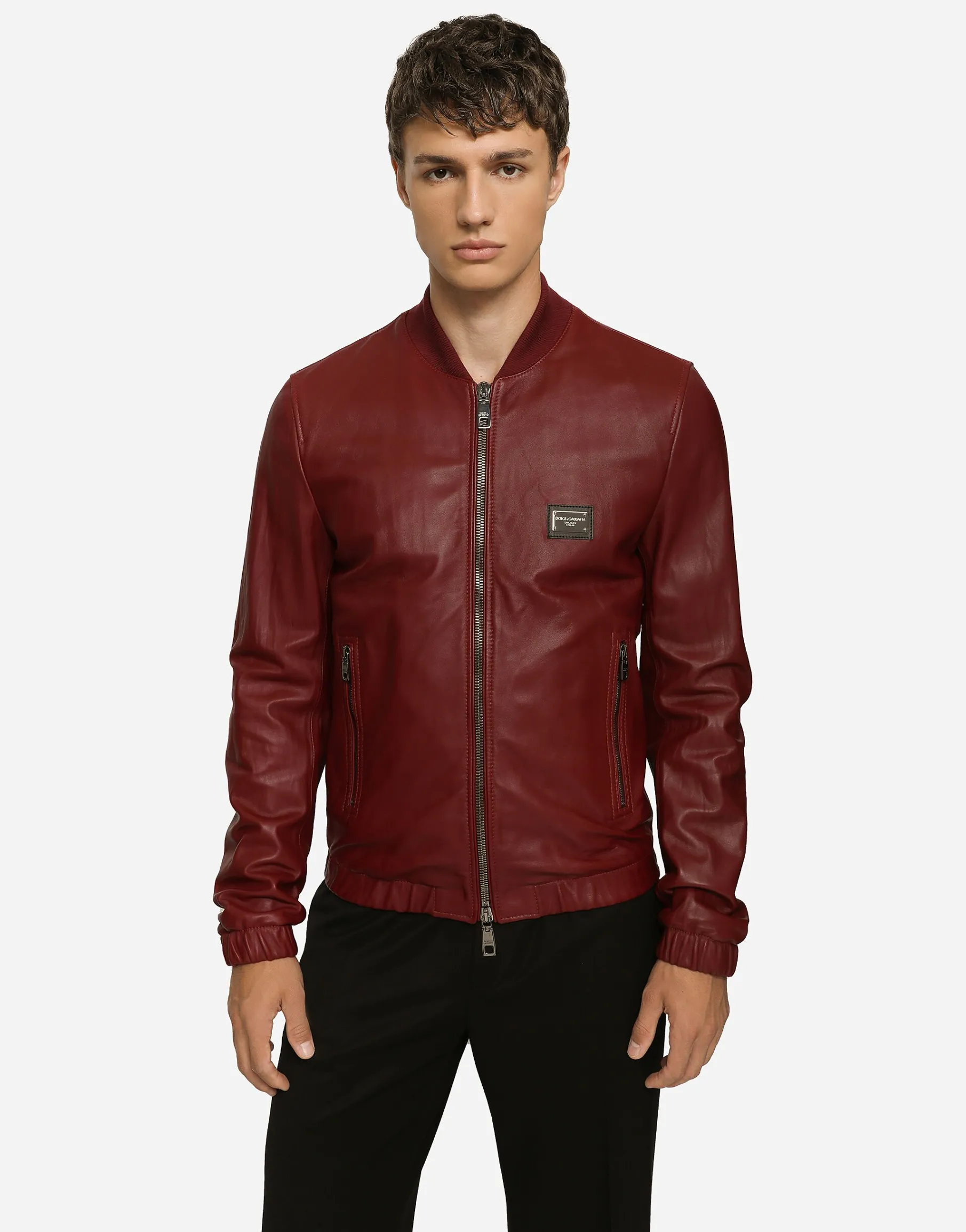 Leather jacket with branded tag