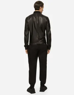 Leather jacket with branded tag