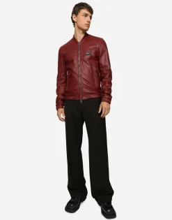 Leather jacket with branded tag