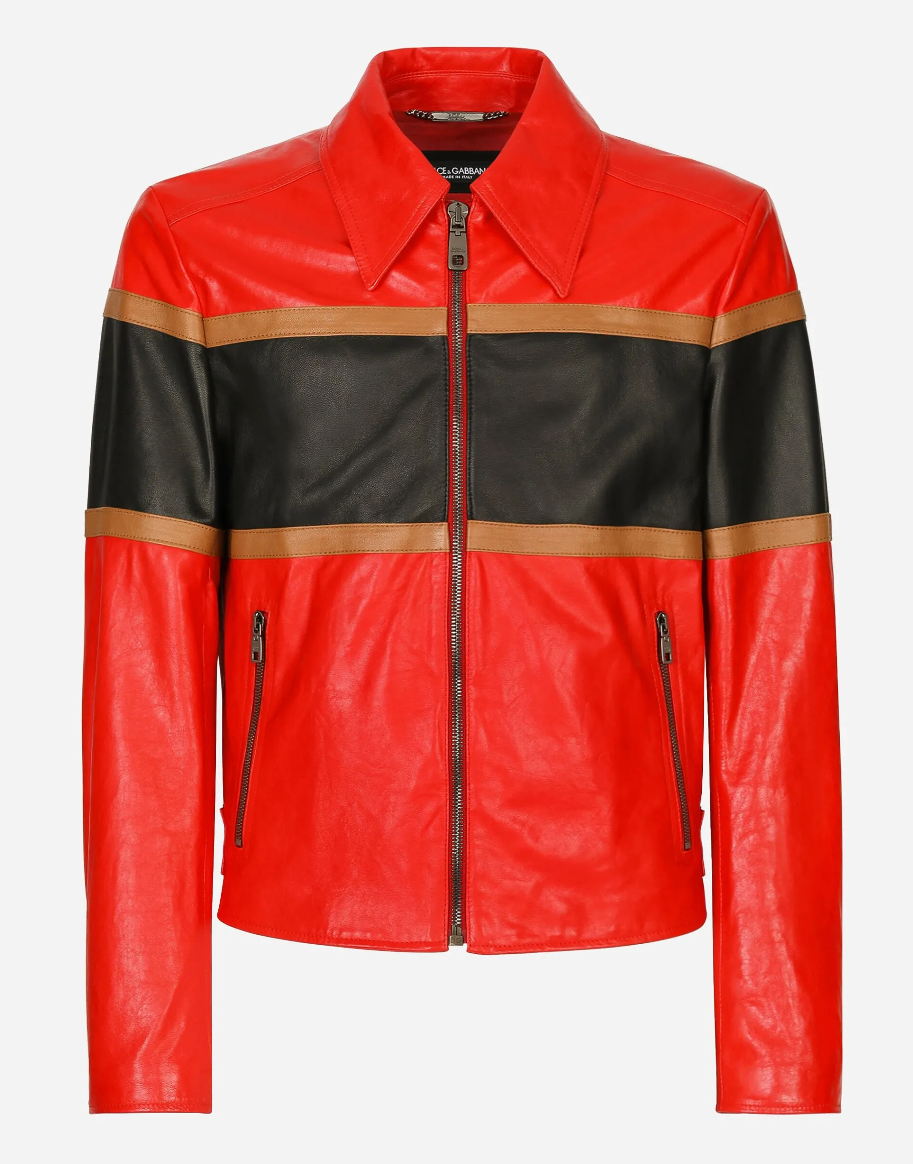 Leather jacket with contrasting inserts