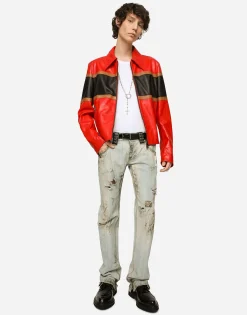 Leather jacket with contrasting inserts