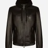 Leather jacket with hood and branded tag