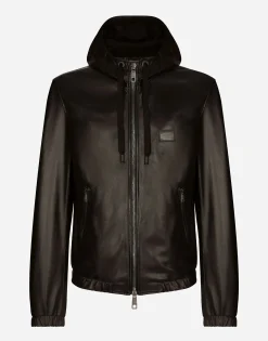 Leather jacket with hood and branded tag