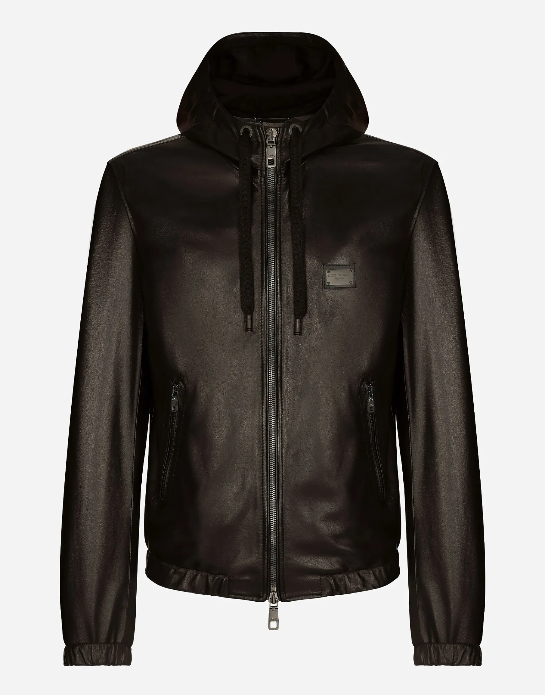 Leather jacket with hood and branded tag