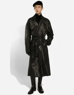 Leather trench coat with belt