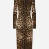 Leopard-print cady dress with long sleeves