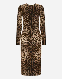 Leopard-print cady dress with long sleeves