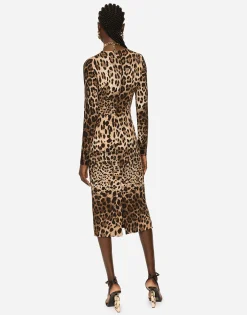 Leopard-print cady dress with long sleeves