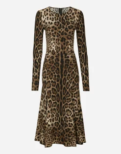 Leopard-print calf-length cady dress