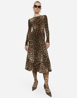 Leopard-print calf-length cady dress