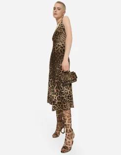 Leopard-print calf-length cady dress