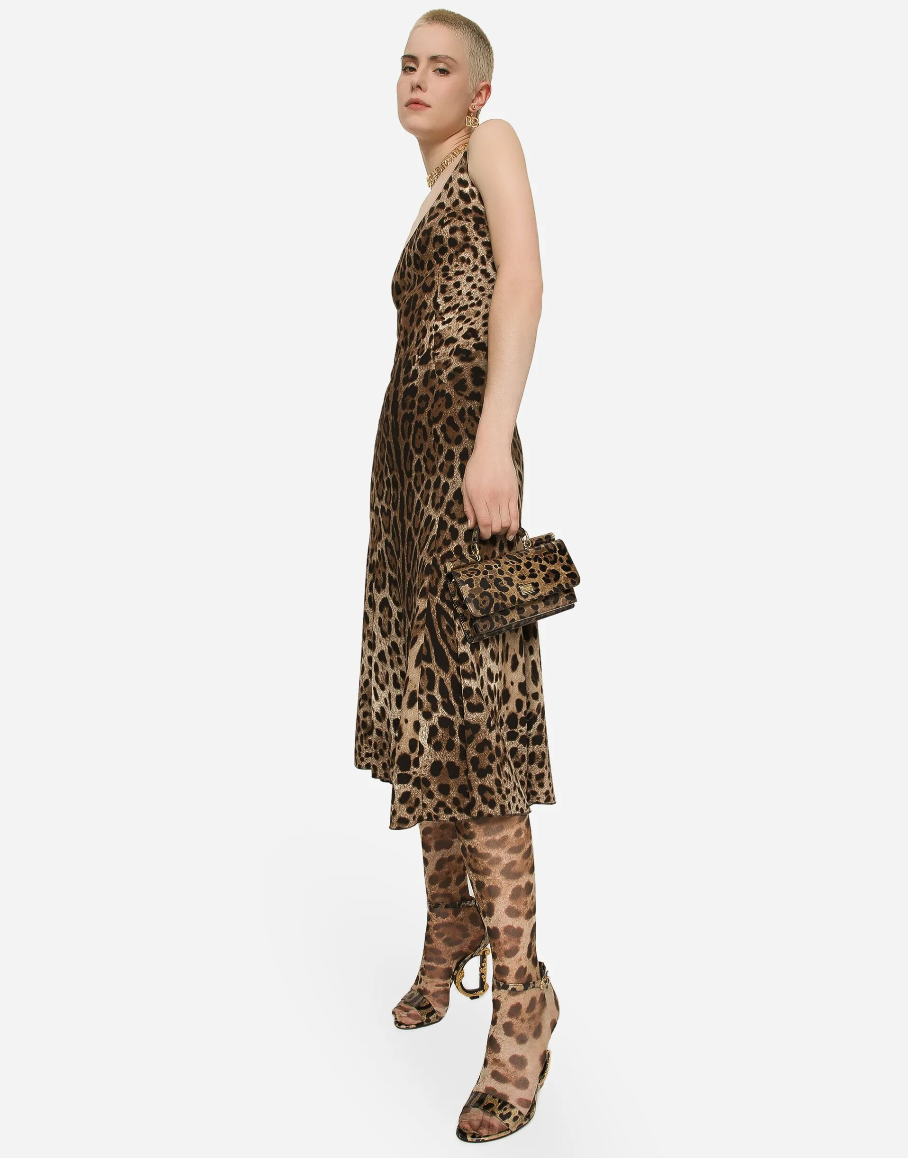 Leopard-print calf-length cady dress