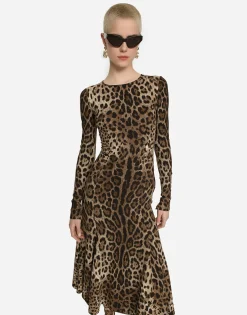Leopard-print calf-length cady dress