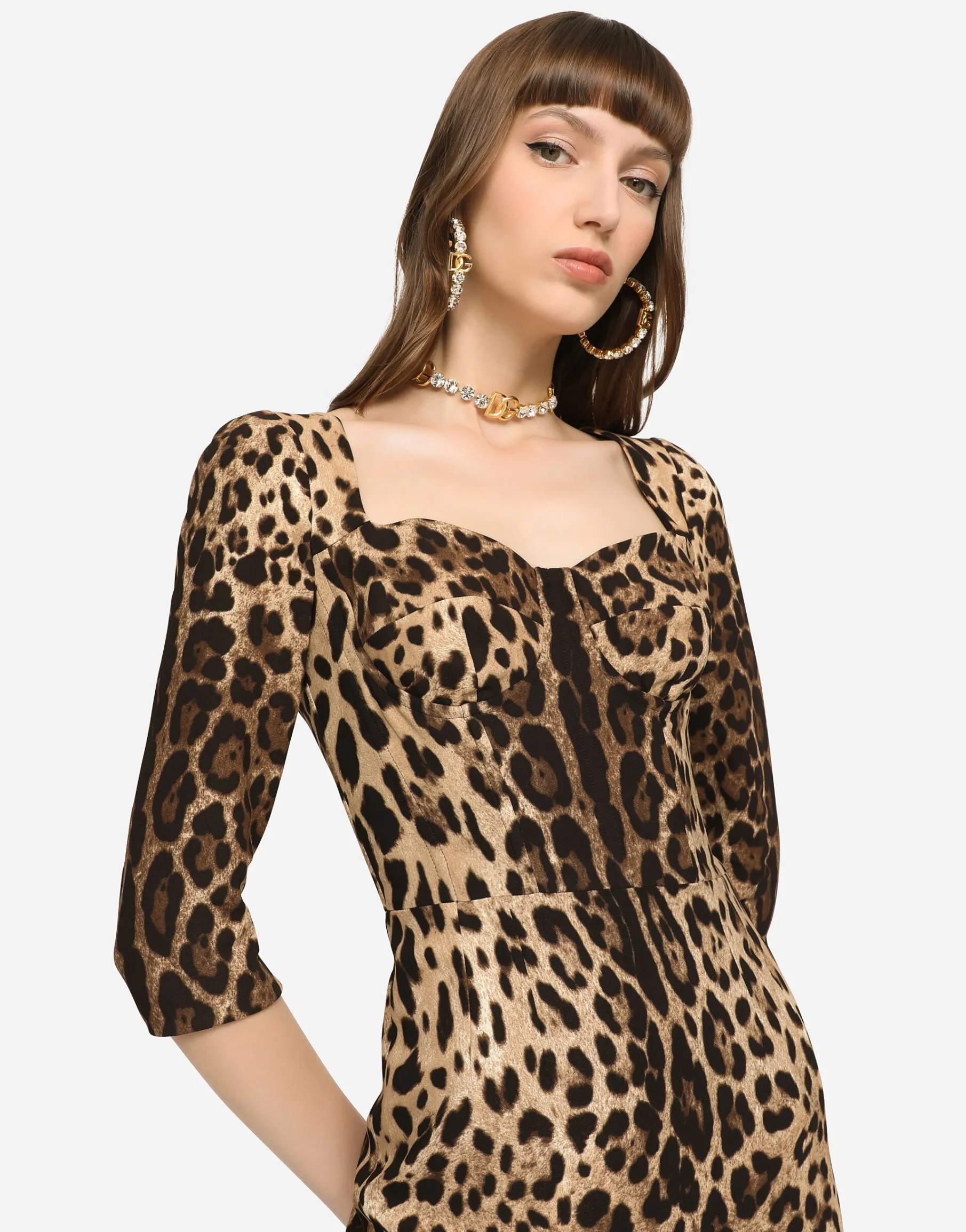 Leopard-print calf-length cady dress